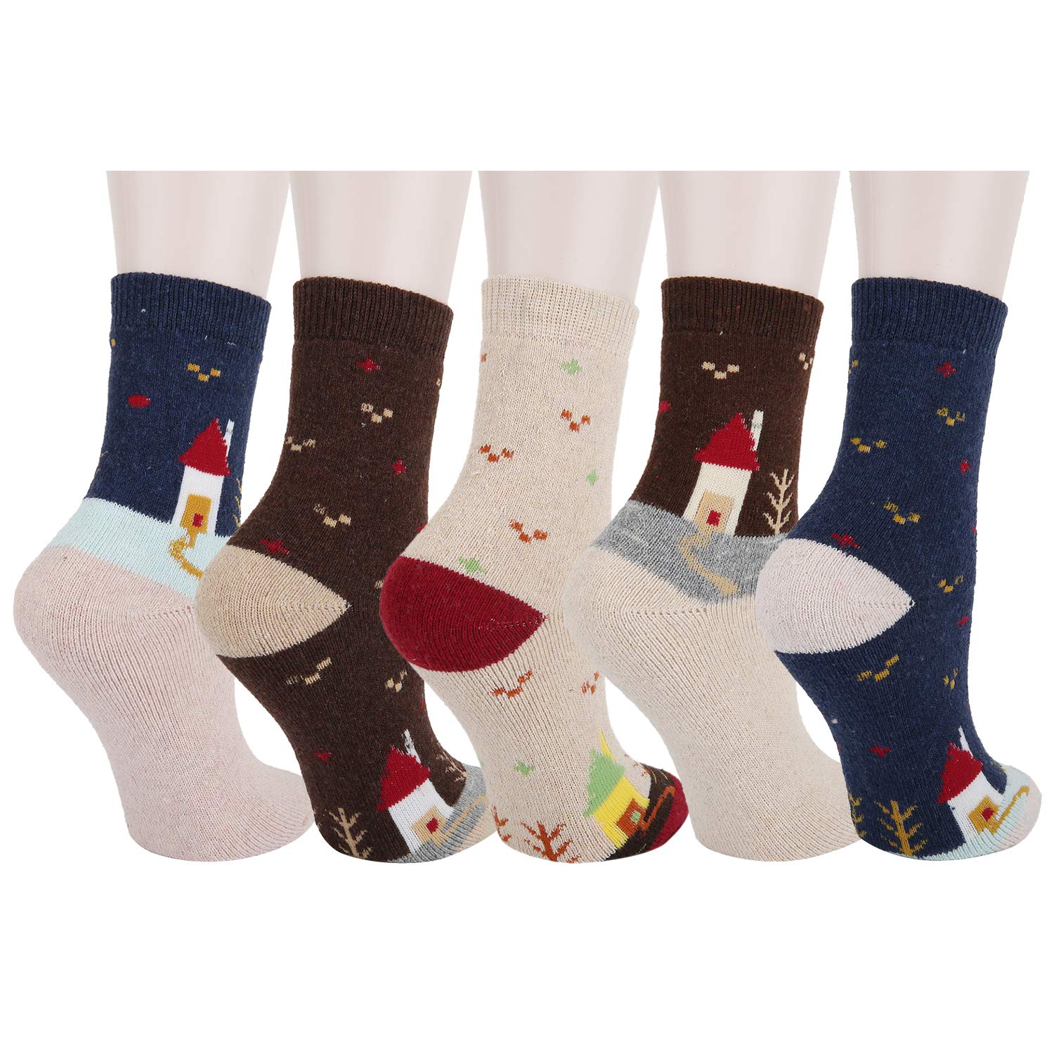 Happypop Women Girls Winter Thick Wool Warm Socks Soft Fuzzy Cute House Crew Socks Thermal Slipper Socks 5 Pack