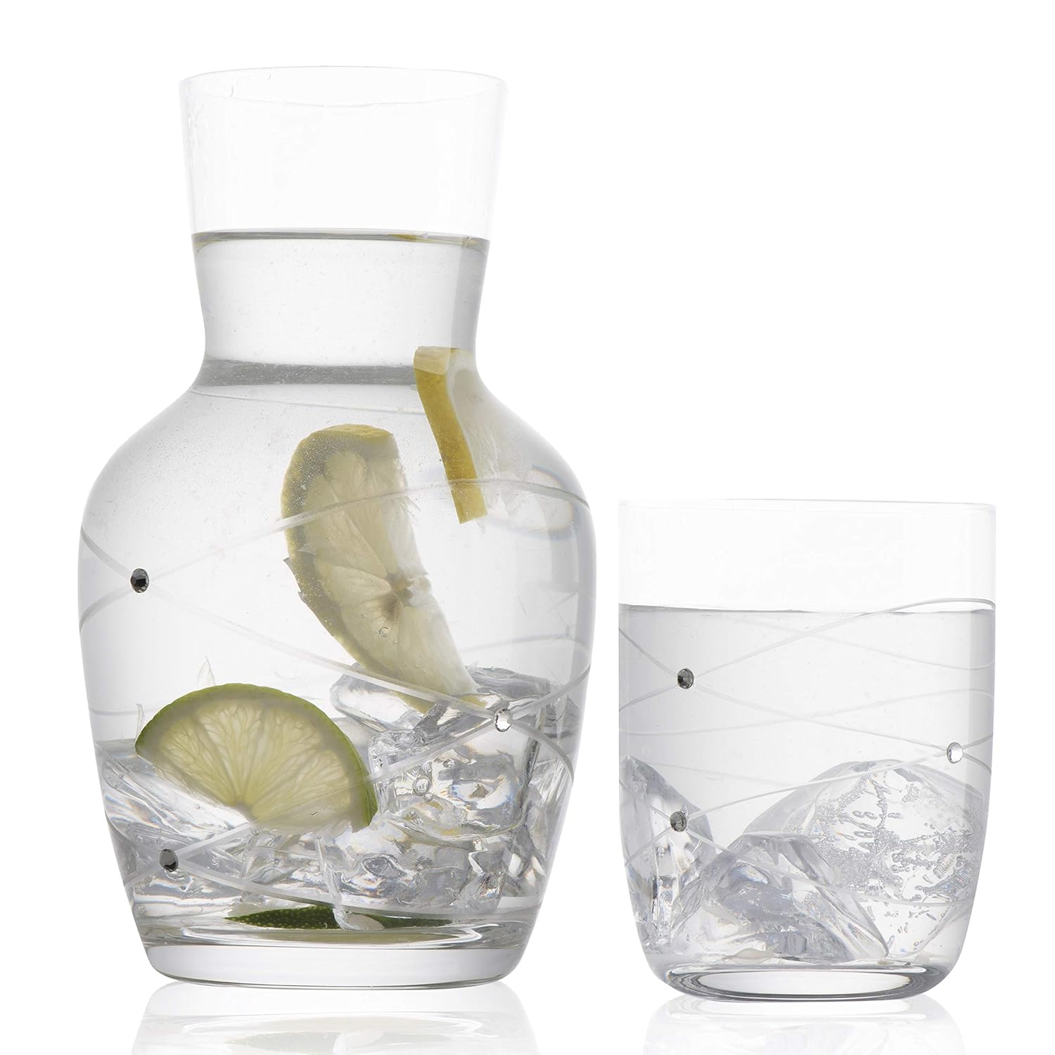 2 Piece Water Set Pitcher And Cup Etched Swirl Design With Stones Trinkware Calici Nightstand Water