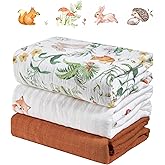 IBESTOPIA 3-Pack 100% Cotton Muslin Swaddle Blankets, Large 47 x 47 Inches — Breathable Soft Receiving Blankets for Newborns, Swaddling Wraps, Registry Gift (Playful Forest Animals)