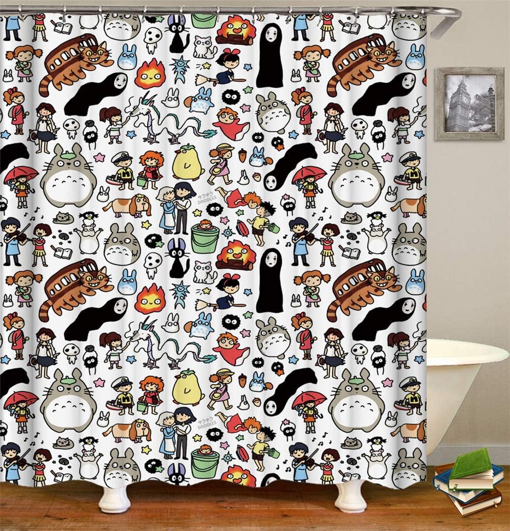 SLN Cartoon Decoration. Girl Riding A Broom, A Totoro, A Violin, A Dog, A Bucket, A Red Umbrella, A White Dragon.Shower Curtain. Waterproof. Mildewproof. Easy To Clean. 180X180Cm.