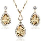 Austrian Crystals Teardrop Pendant Necklace Earrings for Women 14K Gold Plated Hypoallergenic Jewelry Set