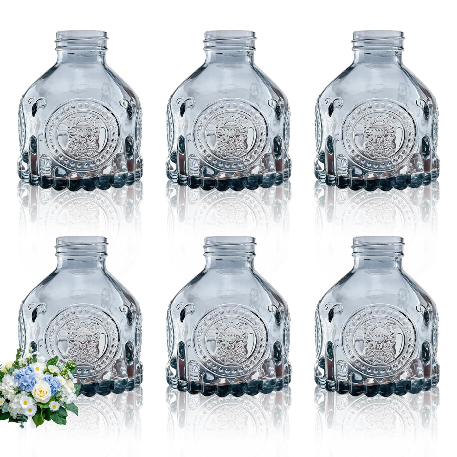 MEETOZ Glass Bud Vases Set of 6,Mini Vintage Bottles,for Home Wedding Party Event Office,Petite Modern Glass Flower Vase Floral Arrangements (Grey)
