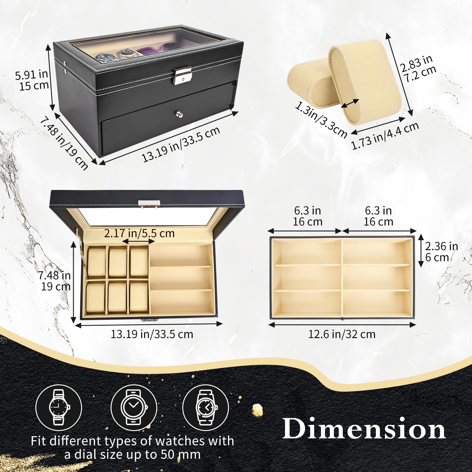 Vevitts 2 Layers 6 Slots Watch Boxes and 9 Pieces Eyeglasses Sunglasses Storage,Black Leather Watch Jewelry Eyeglasses Sunglasses Display Case Organizer for Women and Men