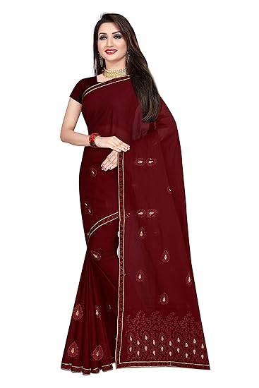 Womens pure cotton Embroidered saree without blouse piece (EMB_Maroon_Malmal)