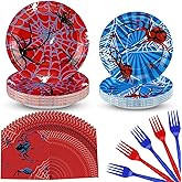 Umigy 96 Pcs Spider Birthday Party Supplies Set for 24 Guests Red Blue Spider Web Disposable Dinner Tableware Decorations Paper Plates Napkins Forks Set Halloween Birthday Party Favors