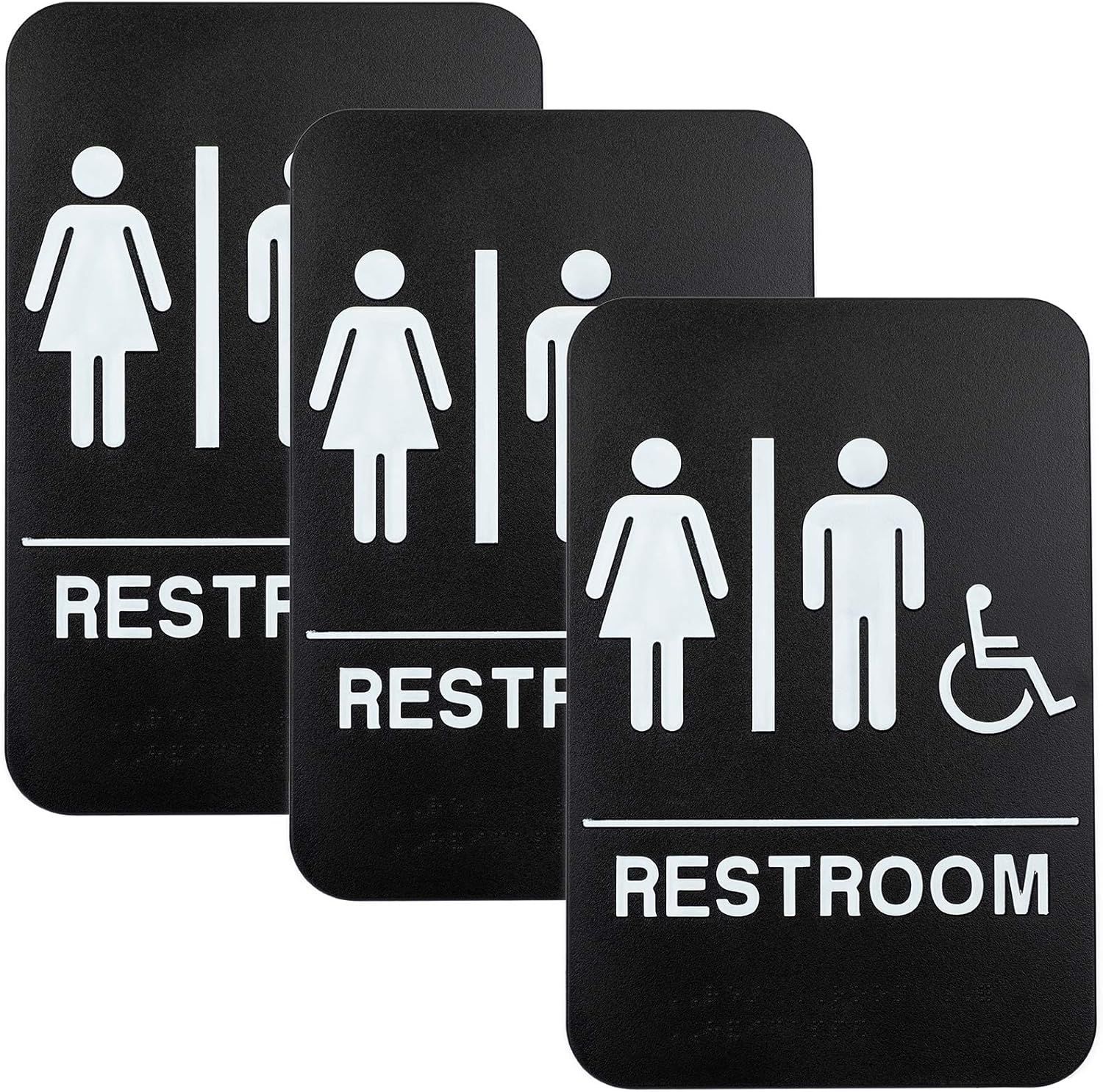 Plastic Restroom Sign: Easy to Mount with Braille (ADA Compliant), Great for Business - 6"x9", Unisex, Handicap - Pack of 3