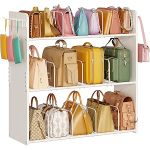 3-Tier Floor Standing Purse Storage for Closet,Adjustable Handbag Storage Display Rack with 9 Removable Dividers&Side Hooks,S