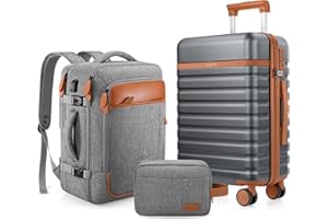 UKEIN Luggage Sets 3 Piece, Carry On Luggage 20 Inch With Spinner Wheels,PC Hardside Suitcase Set with TSA Lock,Durable Carry On Suitcase With Travel Backpack for Men Women (Grey Brown)