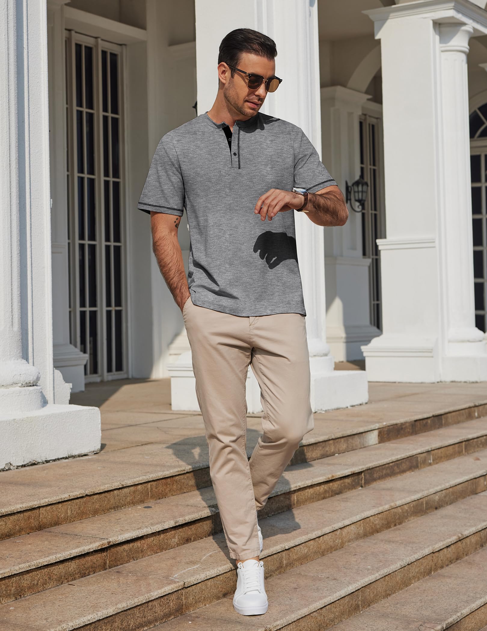 COOFANDY T Shirt Herren Baumwolle Herren Tshirt mit Knopfleiste Sommer Tee Männer Freizeit Shirt Regular Fit Dunkelgrau L 4