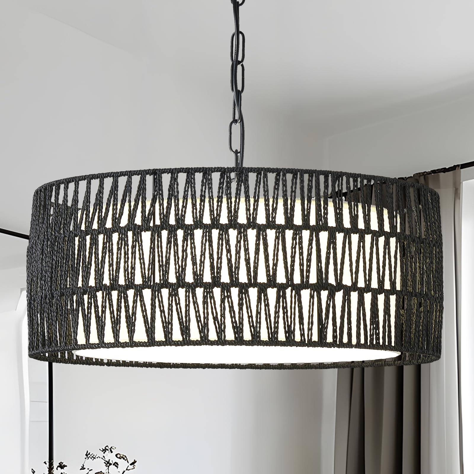 Photo 1 of Farmhouse Rattan Chandelier Light Fixture, Black boho Pendant Light Hand Woven Chandeliers for Dining Room with Fabric Shade, Large Wicker Coastal Pendant Light for Kitchen Bedroom Island Hallway