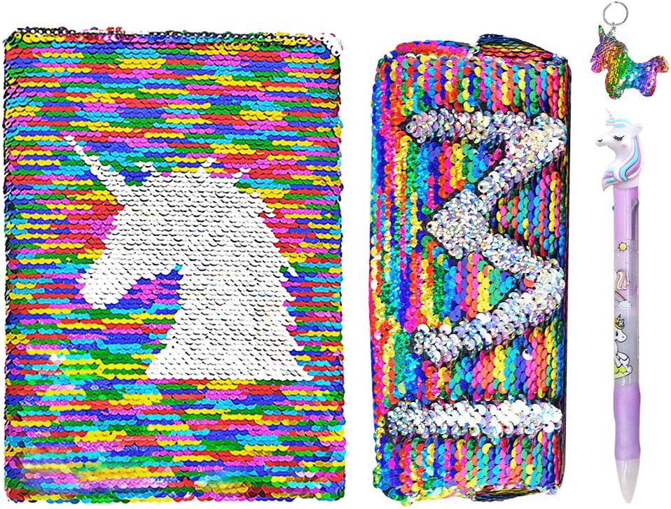 TCJJ Unicorn Notebook Set, Back to School Flip Sequin Journal with 80 Sheets (5.8" x 8.3"), Girls Diary for Kids Birthday Party Christmas (Pencil Case, Gel Pen and Unicorn Keychain Included)
