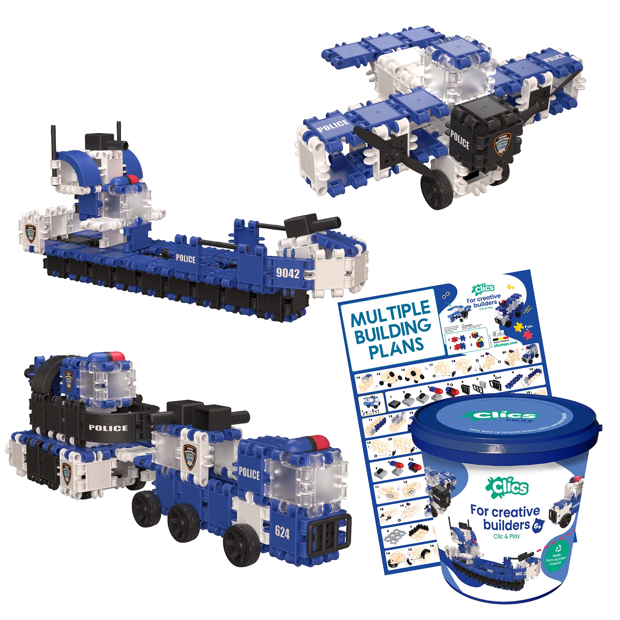 Clics Police Edition - 135 Piece Construction Toy Set for Ages 3+ - Boys & Girls Educational Building Blocks - Durable Montessori STEM Toys, Blue and White