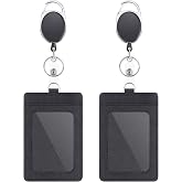 2 Pack Badge Holders and Heavy Duty Retractable Reel Clips Set, Vertical Leather ID Badge Holders with 1 Clear ID Window &amp; 2 Credit Card Slots (Black-2pcs)'