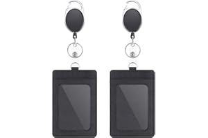 DUPENCD 2 Pack Badge Holders and Heavy Duty Retractable Reel Clips Set, Vertical Leather ID Badge Holders with 1 Clear ID Window & 2 Credit Card Slots (Black-2pcs)'