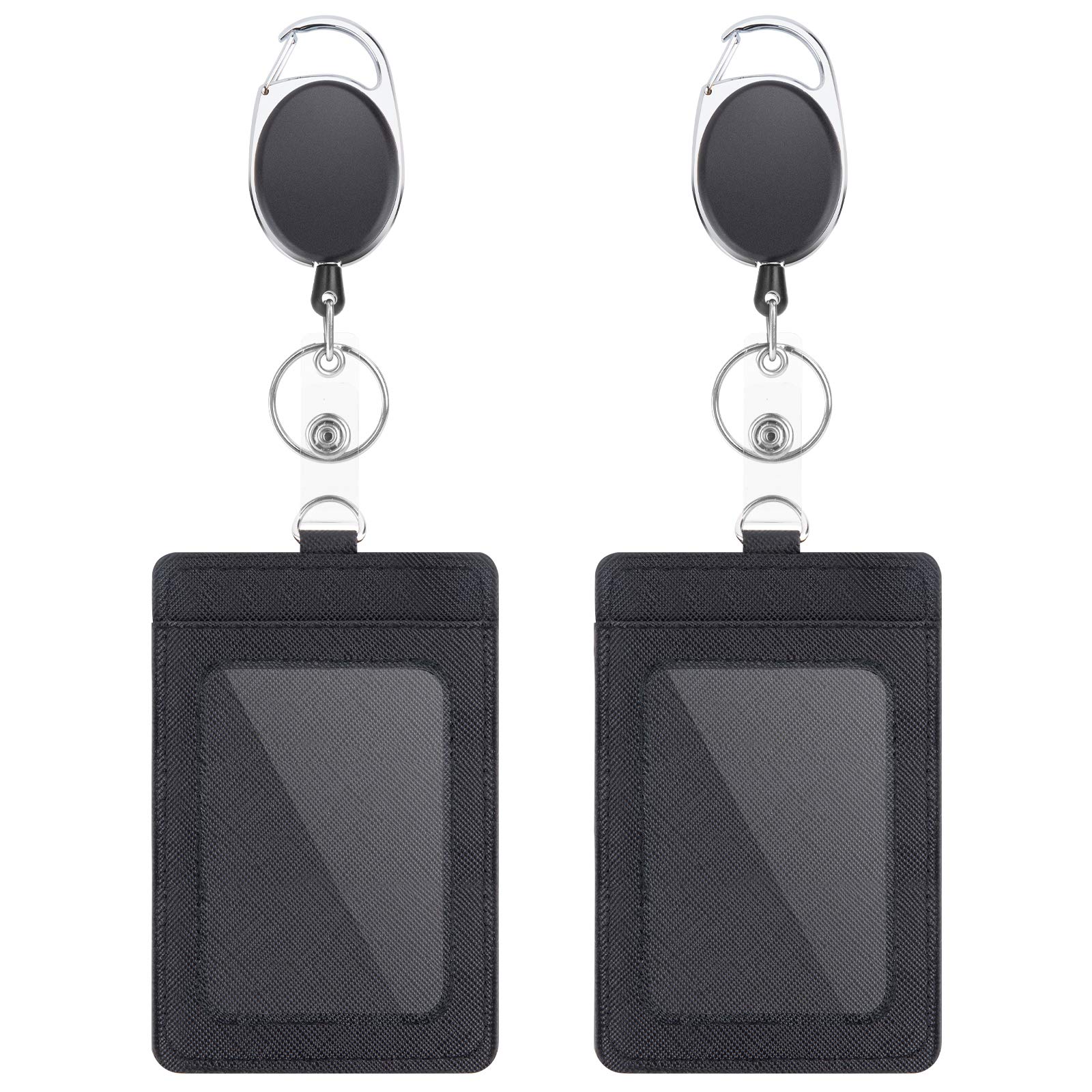 Photo 1 of 2 Pack Badge Holders and Heavy Duty Retractable Reel Clips Set, Vertical Leather ID Badge Holders with 1 Clear ID Window & 2 Credit Card Slots (Black-2pcs)'