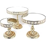 Allgala 3 Piece Set Crystal Gold Plated Cheese Dessert Cupcake Cake Stand with Mirror Plate-Gold Round with Bases-HD89201