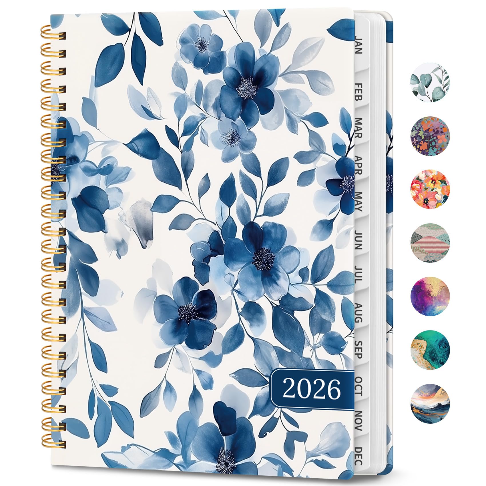 Photo 1 of 2026 Planner, Weekly and Monthly Calendar Planner Book, January 2026 - December 2026, Hardcover Spiral Planner with Monthly Tabs, Notes Pages, Perfect for Women & Men, A5 (6.4" x 8.5") - Blue Floral