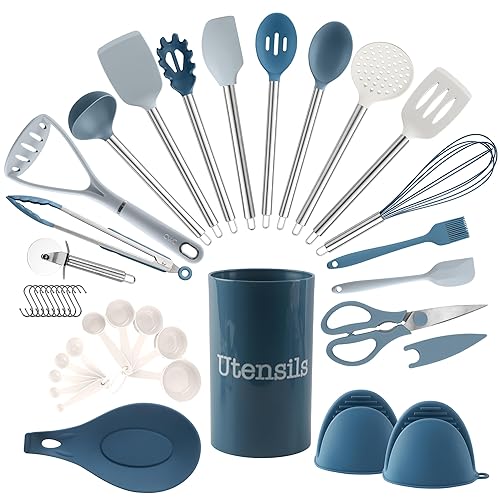 COOK WITH COLOR Silicone Cooking Utensils, Kitchen Utensil Set, Easy to Clean Silicone Kitchen Utensils, Cooking Utensils for Nonstick Cookware, Kitchen Gadgets Set, 38 Piece, Blue and White