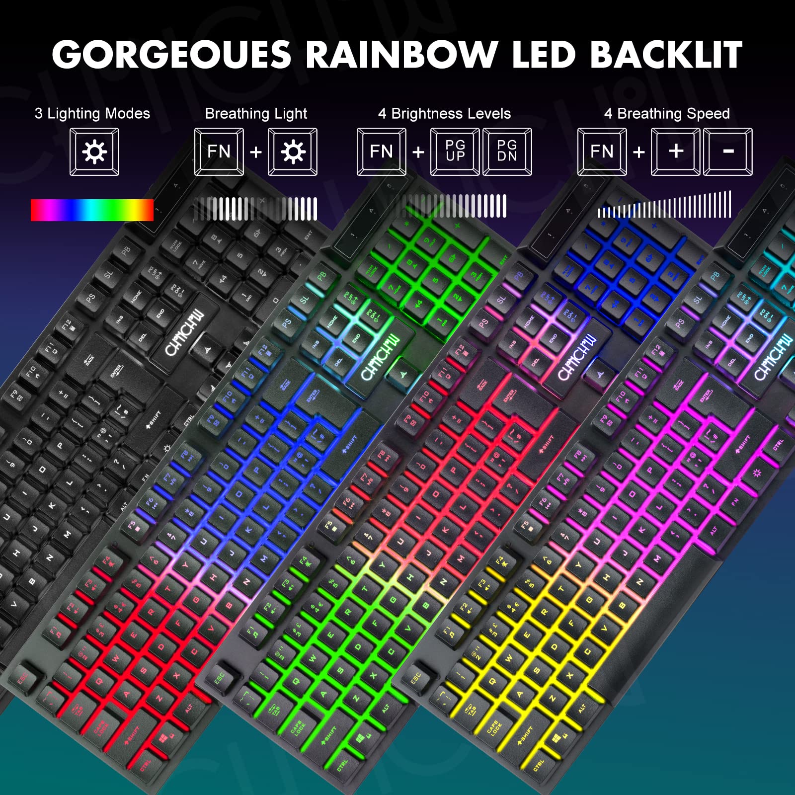 CHONCHOW Wireless Gaming Keyboard and Mouse Combo, Rechargeable Rainbow LED Light Up Wireless Keyboard and Ergonomic Wireless Gaming Mouse, Wireless Gaming Mouse Keyboard for Xbox PS4 PS5 PC Laptop