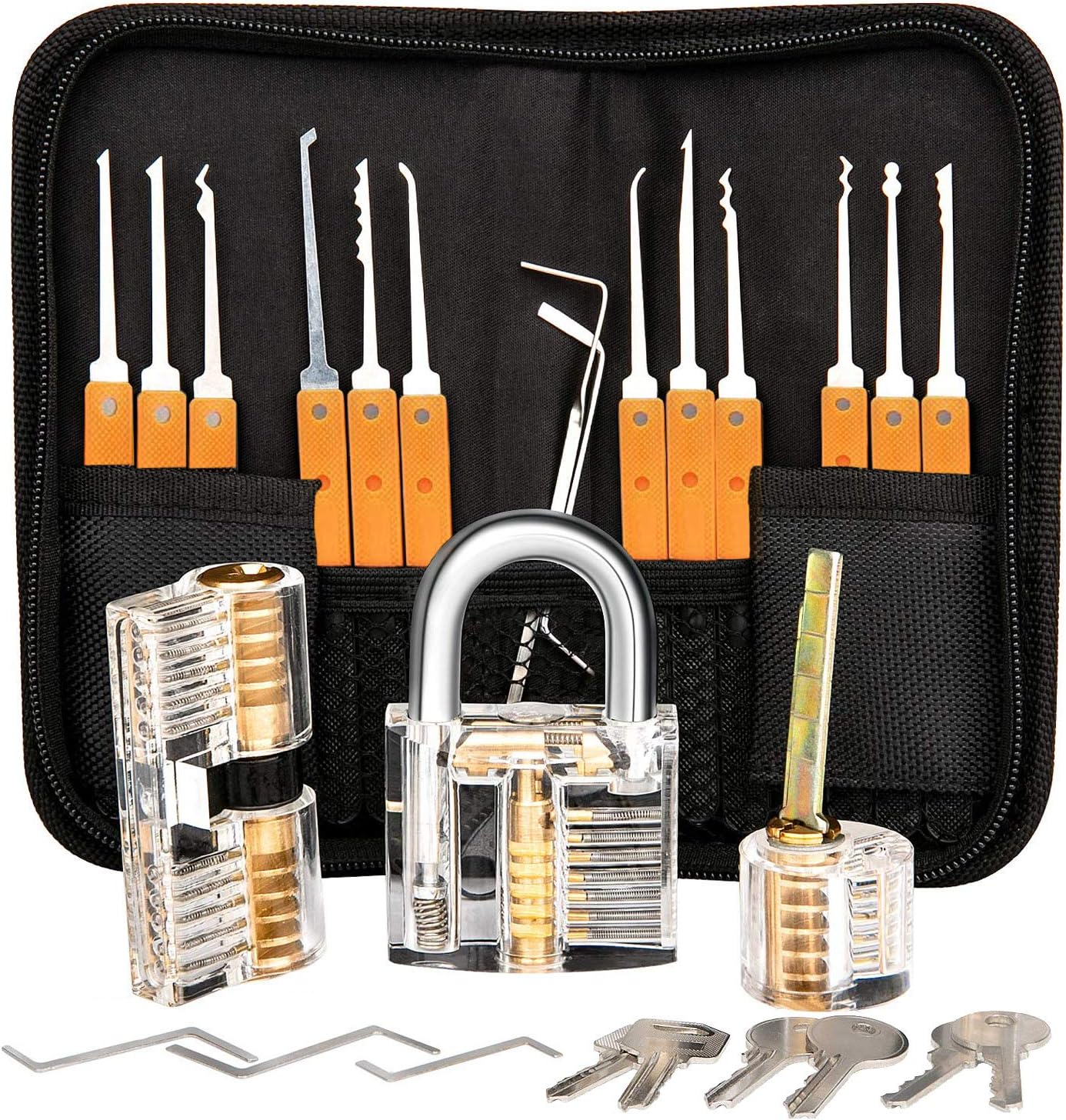 Soontrans 17pcs Lock Picking Set with 3pcs Transparent Training Padlock and Instruction for Beginner Professional Locksmiths