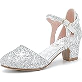 LAURMOSA Girls Dress Shoes Closed Toe Chunky High Heels Ankle Strap Wedding Party Pump Shoes