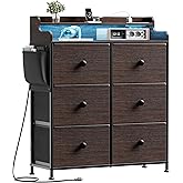 REAHOME Dresser for Bedroom with Charging Station and LED Lights, 6 Drawers Dresser TV Stand with Wooden Top, Tall Fabric Chest of Drawer with Sturdy Frame for Closet, Living Room, Hallway, Brown