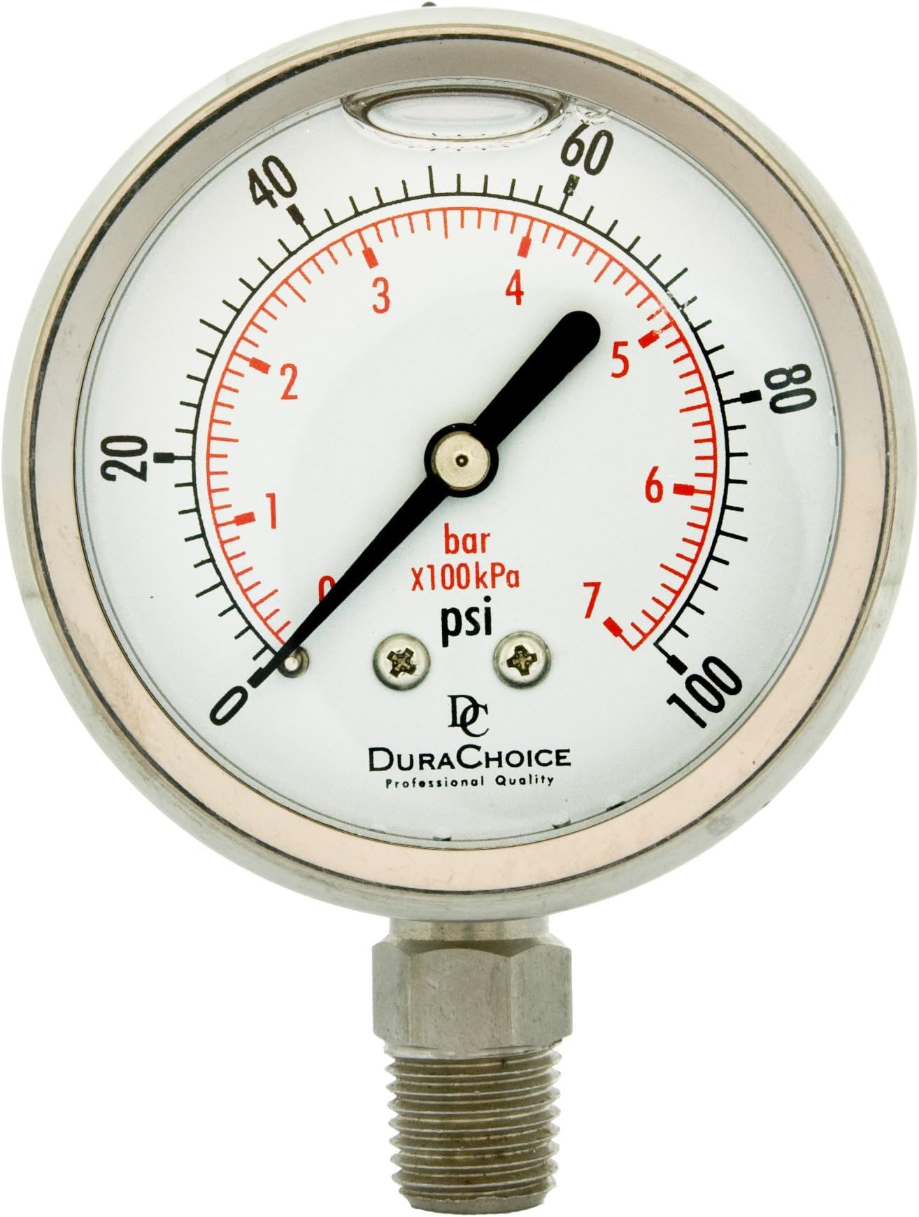 DuraChoice 2-1/2" All Stainless Steel Oil Filled Pressure Gauge - 1/4" NPT Lower Mount 100PSI