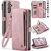 Defencase for Galaxy S25 Case Wallet with RFID Blocking Card Holder for Women Men, Elegant PU Leather Magnetic Snap Flip Wristlet Strap Zipper Wallet Phone Cases for Samsung Galaxy S25 5G 6.2", Pink