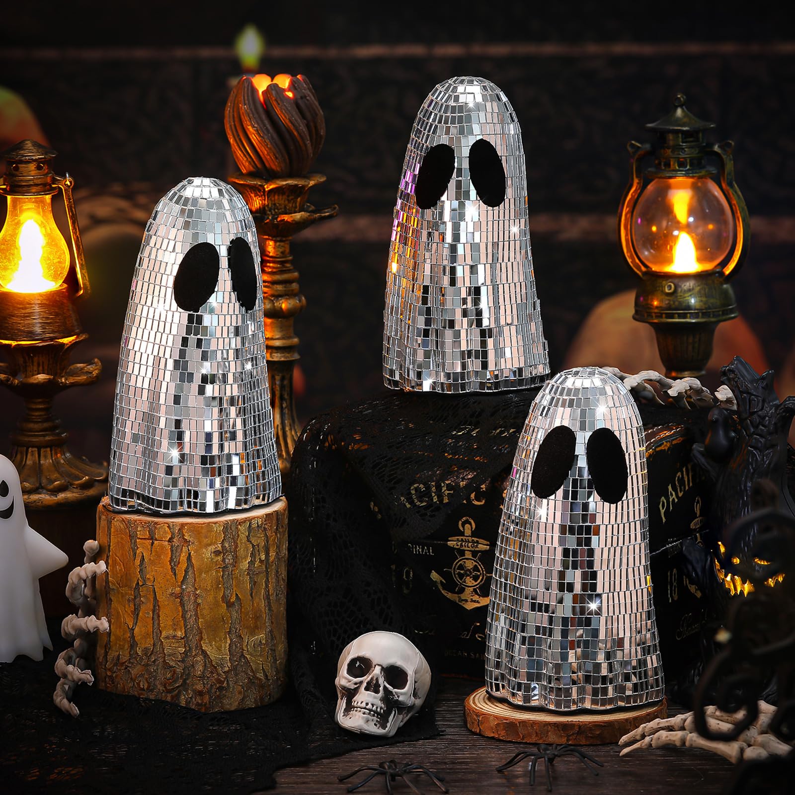 Photo 1 of Gemscream 3 Pcs Halloween Disco Ghost Decor 5.9 Inch Silver Mirror Disco Balls Table Decoration Silver Glitter Spooky Ghost Sign Halloween Tiered Tray Decor Mosaic Table Centerpiece for Party Gift