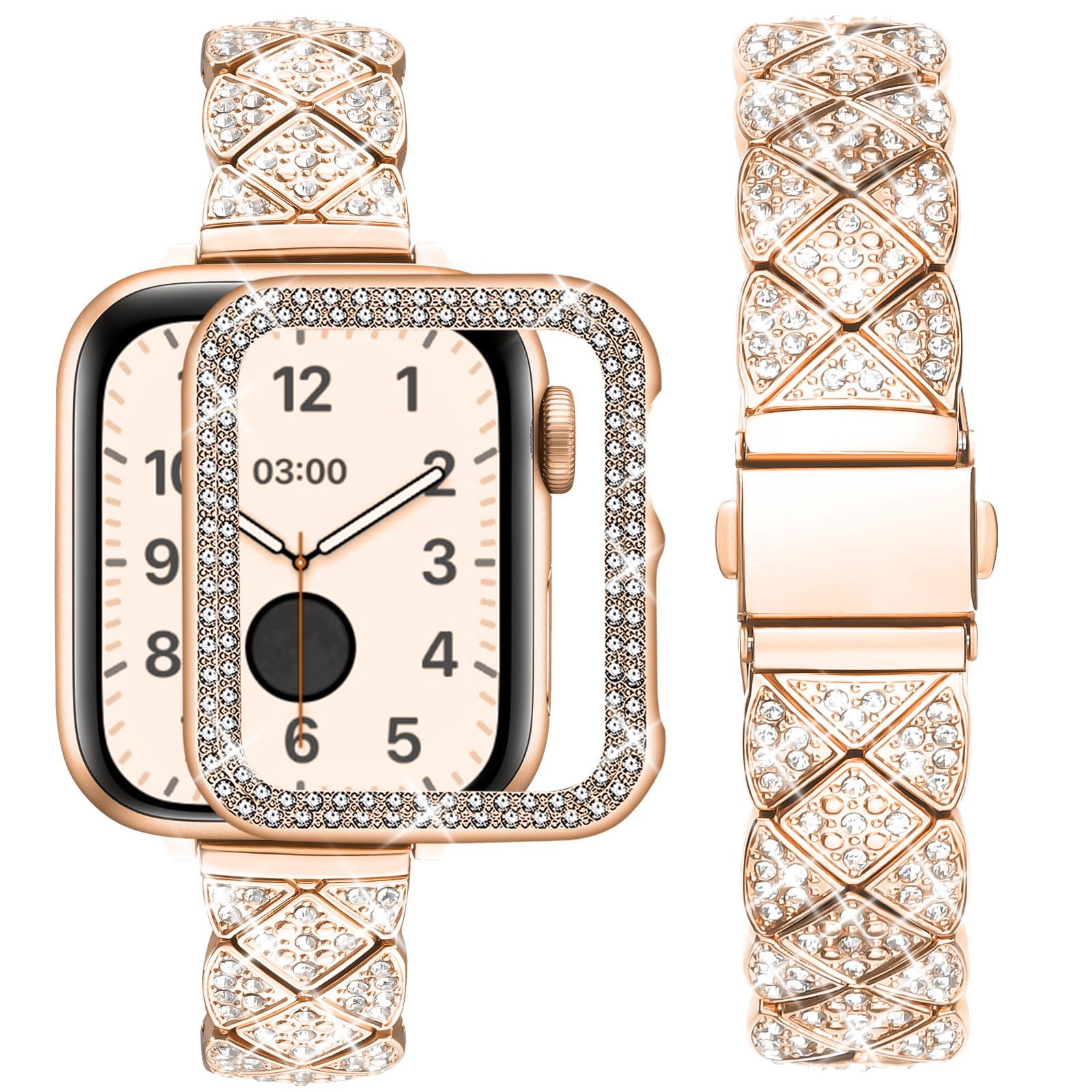 wutwuk Compatible Slim Bling Apple Watch Straps with Case 41mm for Women and Girls, Stainless Steel Metal Replacement Strap, Jewelry Metal Watch Strap for iWatch Series 9/8/7 41mm Rose Gold
