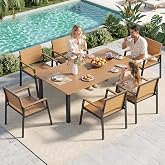 LazySunsets Outdoor Dining Set with Umbrella Hole (Gray/Teak, 7 Piece) | HDPS Aluminum Patio Table and Chairs, Outdoor Furniture Set for Backyard Poolside