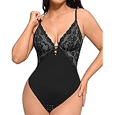 FeelinGirl Womens Lace Bodysuits Tops Sexy V Neck Thong Body Suit Shapewear Compression Shaping Tank Tops