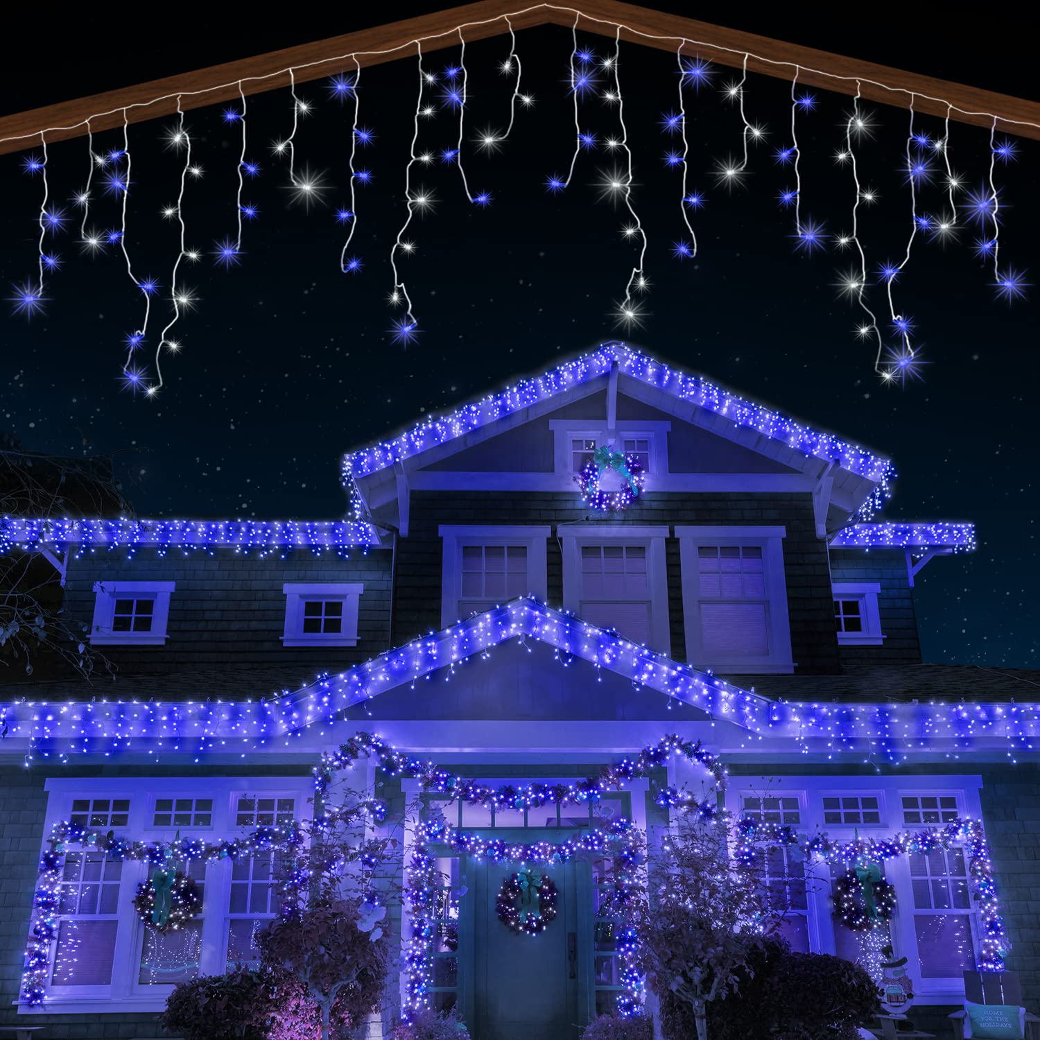 ANSIO® Outdoor Christmas Lights 1000 LED 35m/112ft Icicle Lights Outdoor & Indoor Blue & Cool White Decorations String Fairy Outside Lights with Timer for Xmas Garden & Party|Mains Powered White Cable