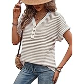 Falechay Women’s Tops Casual Short Sleeve Striped Blouses Waffle Knit Button Half Placket V Neck Cute Tunic Shirt Trendy 2025