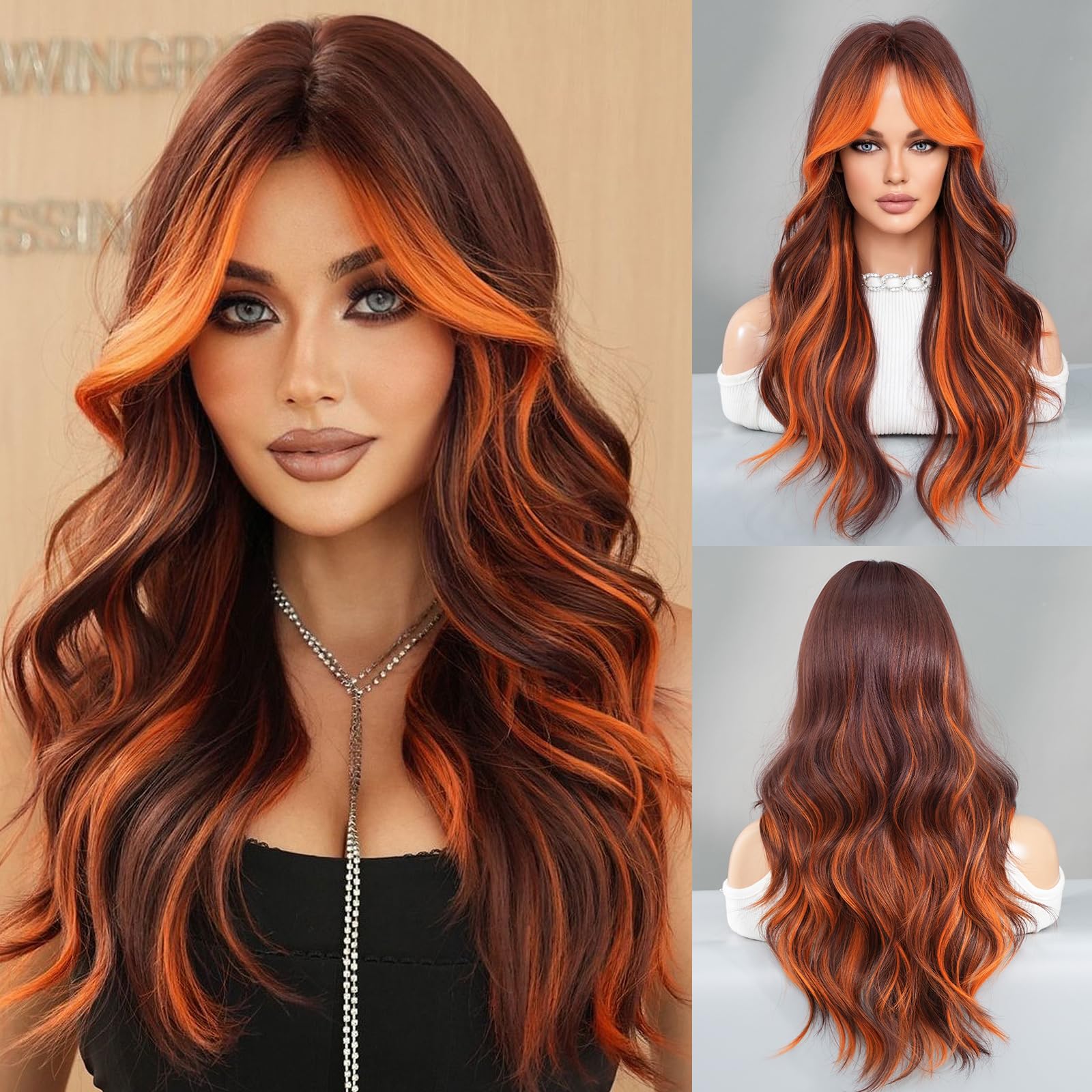 Photo 1 of TRUMOST Long Wavy Ombre Orange Brown Wig with Bang 26Inch Bright Ginger Curtain Bangs Synthetic Heat Resistant Wig with Dark Root Auburn Highlight Brown Wig for Women Daily Party Use