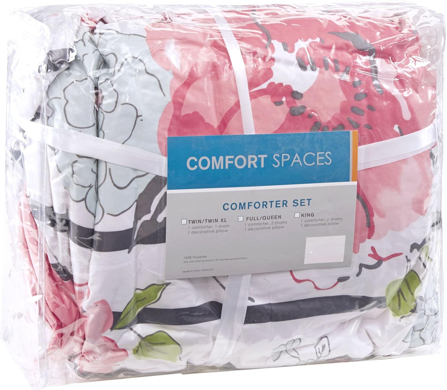 Comfort Spaces Zoe Comforter Set Printed Striped Floral Design with Faux Long Fur Decorative Pillow Bedding, Twin/Twin XL, Pink: Home & Kitchen