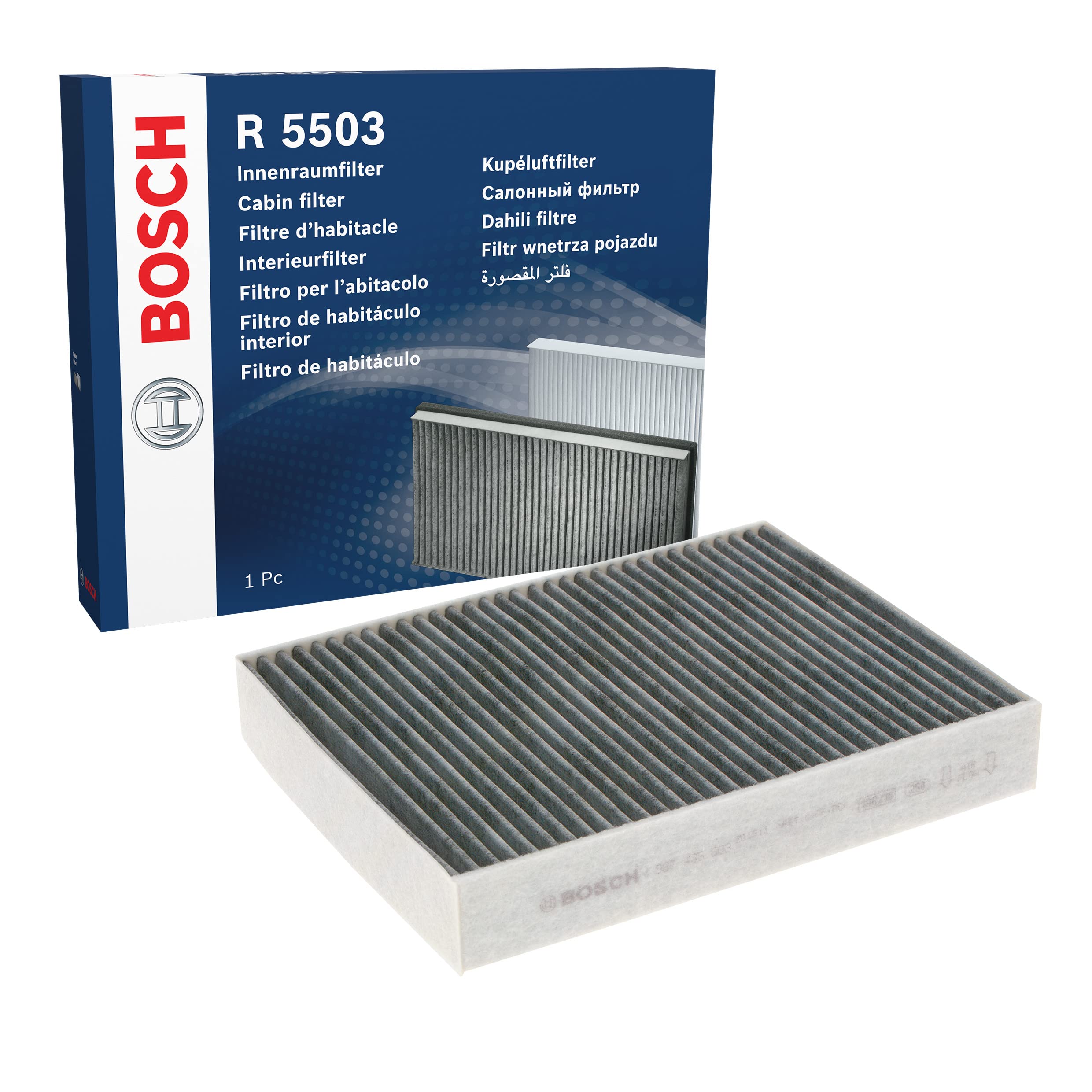 Bosch R5503 Aktivkohle Innenraumfilter - filtert Gerüche, Pollen und Staub - Ersatzfilter für bessere Luftqualität im Fahrzeuginnenraum
