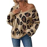 OYOANGLE Women's Leopard Print Fall Sweater 2025 Pullover V Neck Long Sleeve Jumpers Tops
