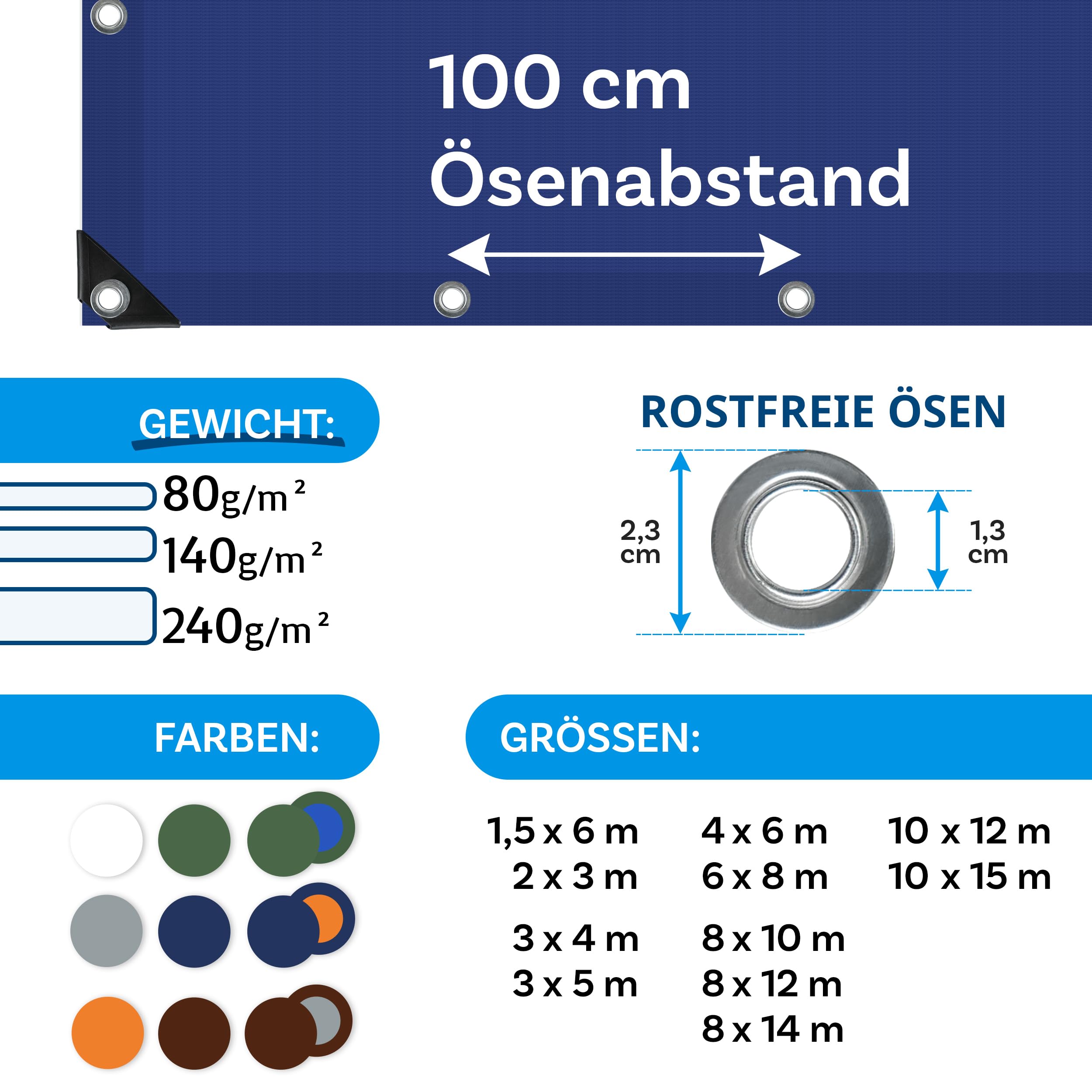 Floordirekt Abdeckplane | Gewebeplane | Schutzplane | Bootsplane Zeltunterlage für Camping & Outdoor Garten wasserdichte Planemit Ösen Viele Größen & Farben 4x6m 24m² 140 g/m², Blau 3