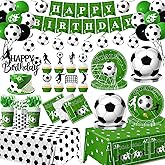 Soccer Birthday Party Decorations Soccer Party Tableware for 24 Guests with Soccer Plates and Napkins Tablecloth Balloons Cake Toppers for Soccer Sports Theme Birthday Supplies