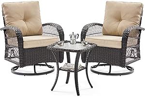 UDPATIO 3 Pieces Patio Furniture Set, Outdoor Swivel Gliders Rocker, Wicker Patio Bistro Set with Rattan Rocking Chair, Glass Top Side Table and Thickened Cushions for Porch Deck Backyard (Khaki)