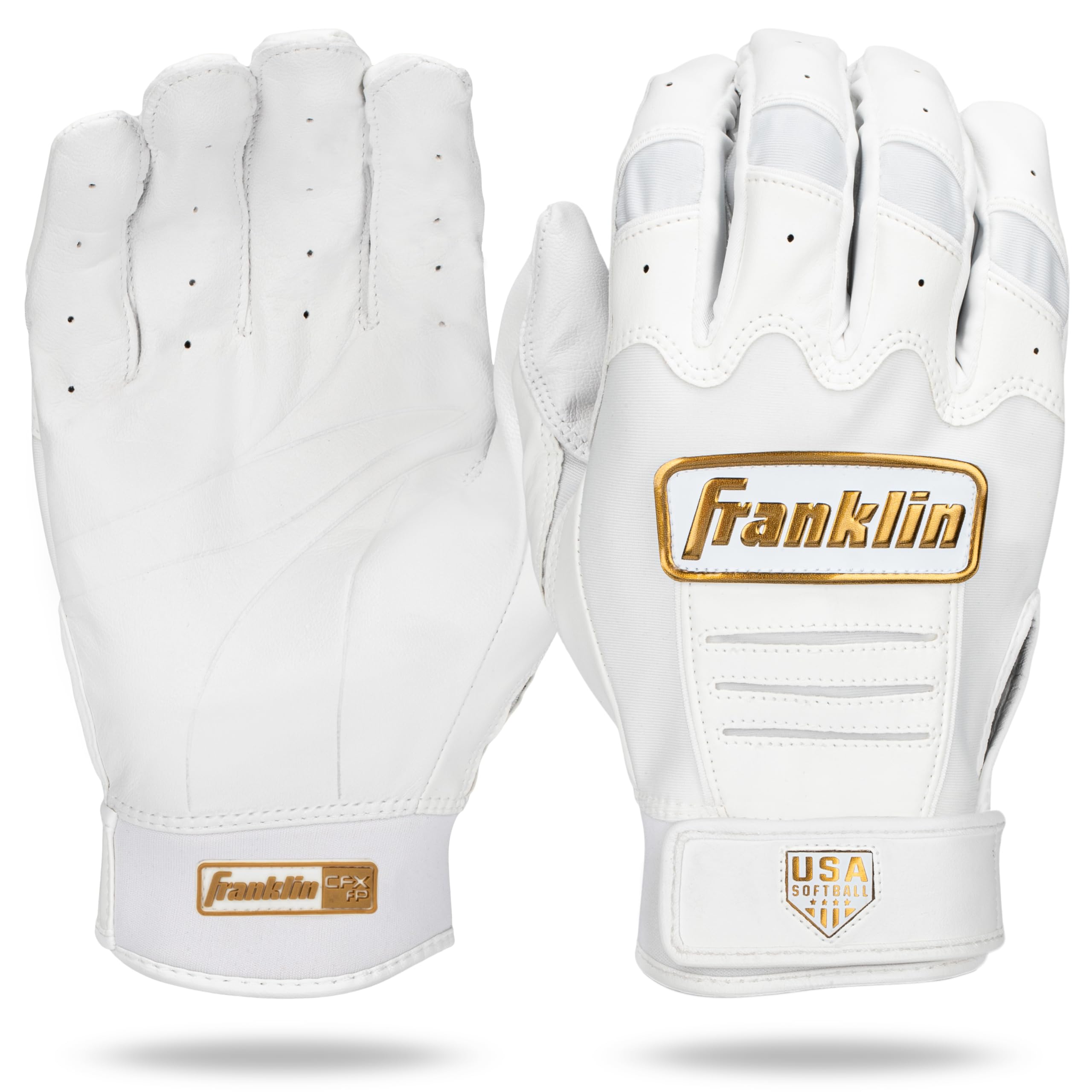 Franklin Sports USA Softball Women’s Softball Batting Gloves – CFX Pro Fastpitch + Slowpitch Girls Batting Gloves – Adult + Youth Pairs – White + Gold – Adult Medium