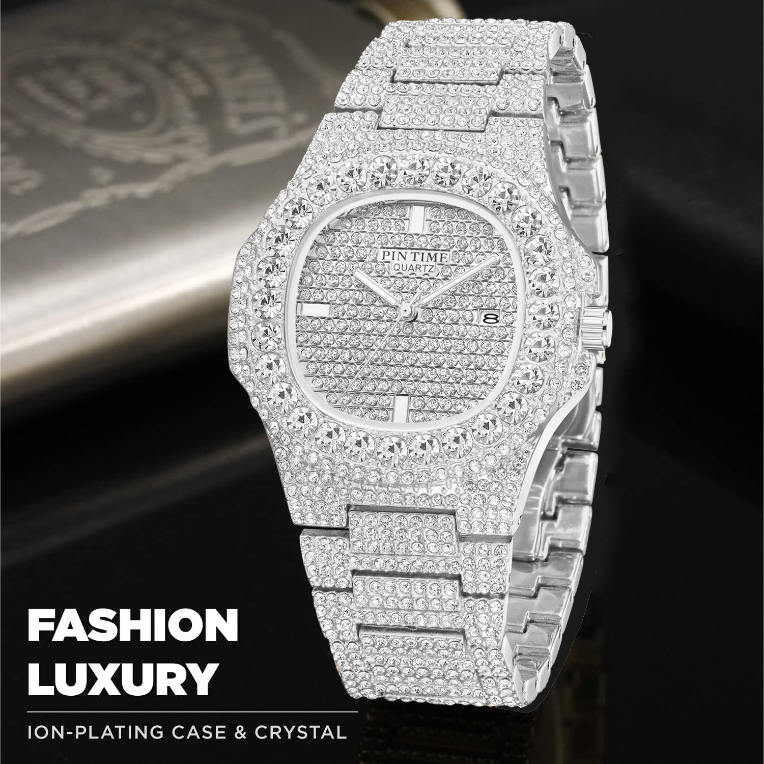 DROCUAMGOYA Men Women Iced Out Watch Stainless Steel Big Diamond Stone Bling Analog Quartz Wrist Watch for Men Full Paved (Silver)