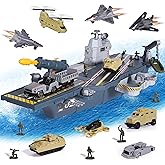 Military Aircraft Carrier Toys, Army Toys with 10 Vehicles, Fighter Jet Helicopter Tanks and Army Men Action Figures Toy for Kids Boys Girls