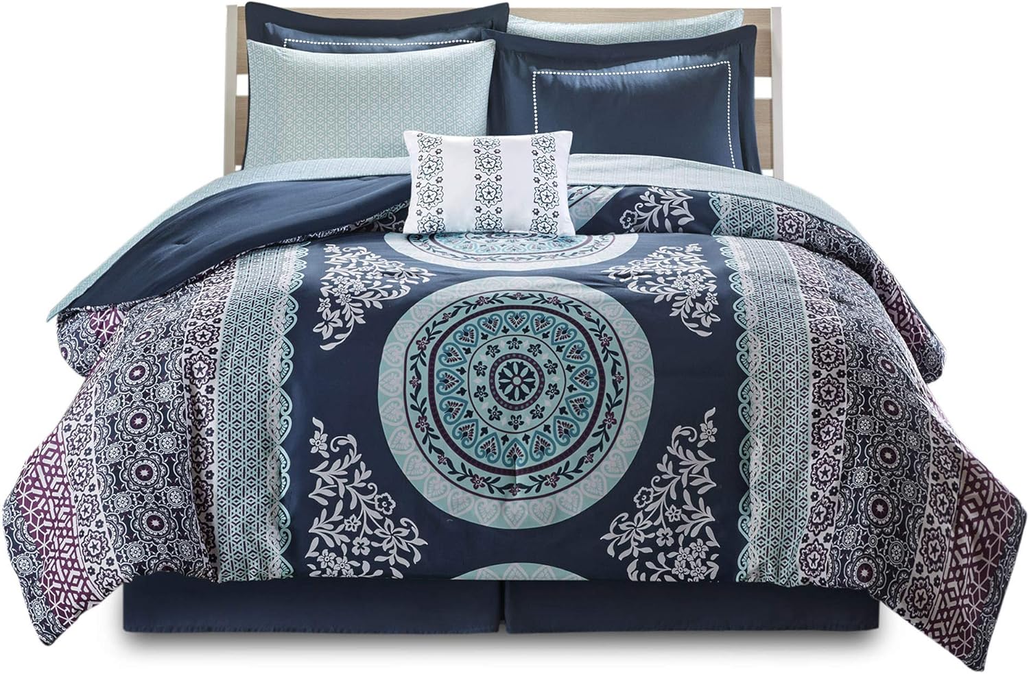 Intelligent Design Loretta Ultra Soft Brushed Microfiber Bohemian Boho Medallion Comforter and Sheet Set Bag Bedding, Queen, Navy 9 Piece: Home & Kitchen