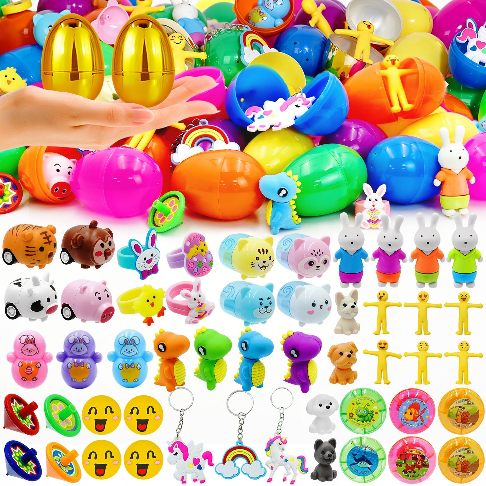 ZICZLI 50 Pack Prefilled Easter Eggs with Assorted Toys Inside Surprise Golden Eggs, Easter Egg Hunt Supplies and Basket Stuffers, Bulk Easter Party Favors Gifts for Kids Boys Girls Toddlers