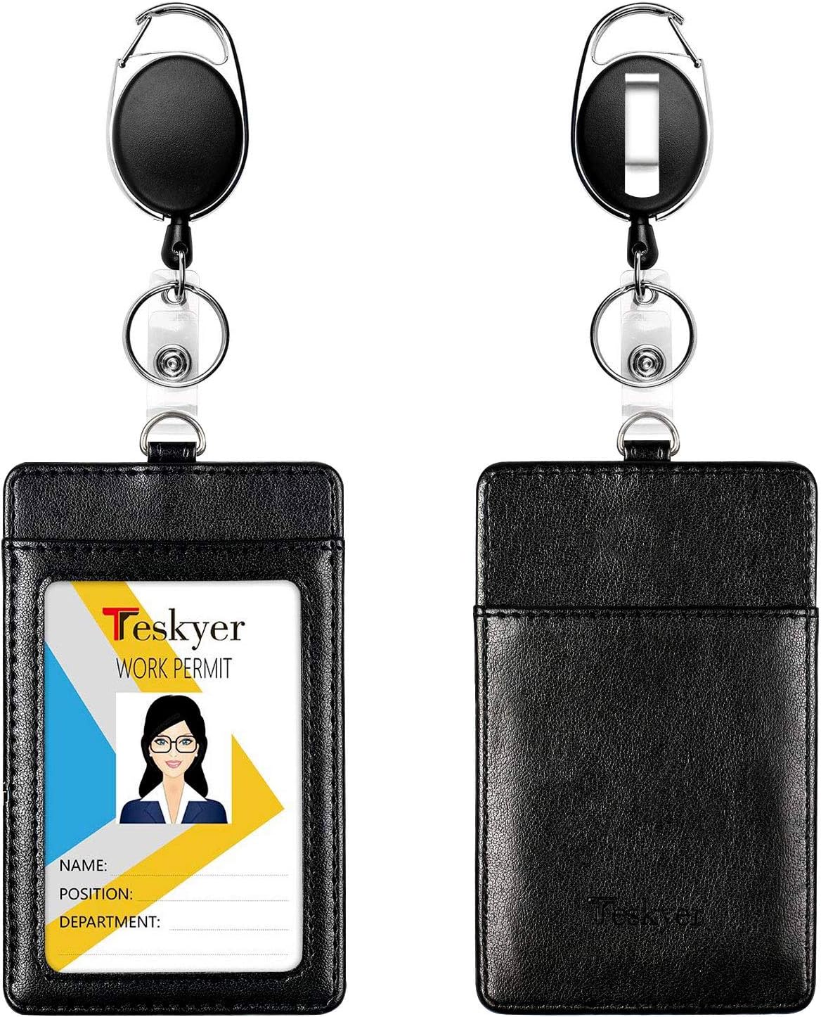 Teskyer 2 Value Pack Leather Badge Holders and Heavy Duty Retractable Badge Reels Set, Vertical Premium ID Card Holders with 2 Card Slots, 24 inch Kevlar Cord with Carabiner Reel Clip : Office Products