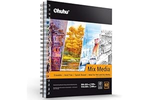 Mix Media Paper Pad, Ohuhu 8.8" × 11.6" Mixed Media Art Sketchbook, 120 lb / 200 GSM Heavyweight Papers, 62 Sheets / 124 Page