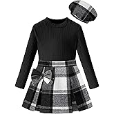 DONWEN Girl Skirt Sets 3 Piece Outfits Crew Neck Ribbed Tops Plaid Mini Skirt Shorts with Bowtie + Beret Fall Winter Clothes