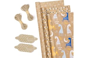 BIOBROWN Baby Shower Wrapping Paper Rolls with Tags, Jute String - 17 Inch X 10 Feet per Roll - Giraffes Design for Baby Boy Birthday Holiday Packing 3 Rolls